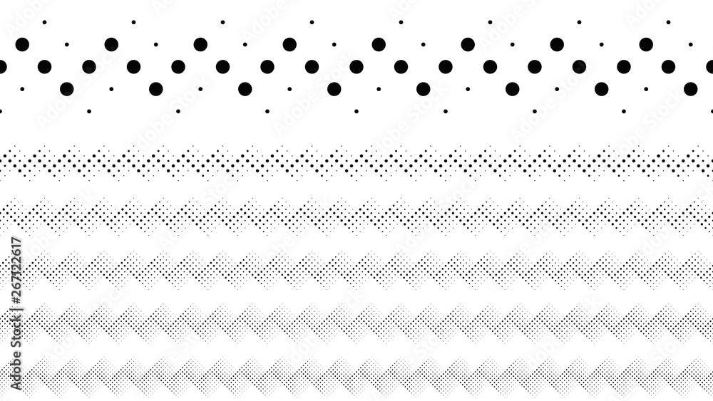 Poster repeating circle pattern page break set - monochrome vector graphic elements from dots