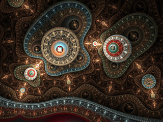 Golden fractal steampunk pattern, digital artwork for creative graphic design