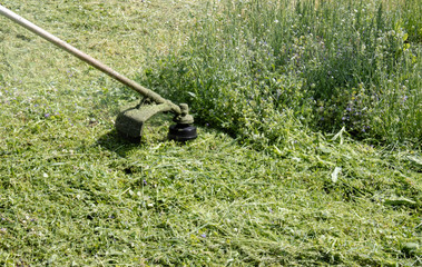 mowing the grass with a mower.