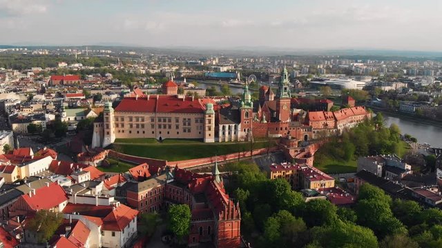 Drone Aerial With Push Pull Dolly Zoom Effect of Wawel Cathedral and Castle Complex Famous Landmark of Krakow Poland By Vistula River