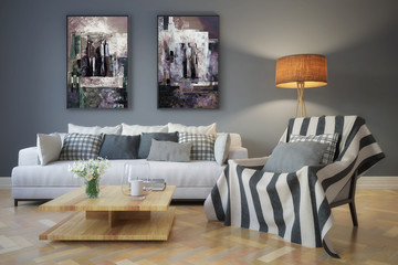 Modern living room interior with abstrack paintings - 3d illustration