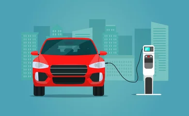Fotobehang Red electric compact CUV isolated. Electric car is charging, front view. Vector flat illustration. © lyudinka