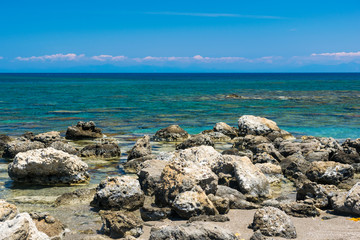 Seashore on the island of Rhodes in the Mediterranean sea in summer day.