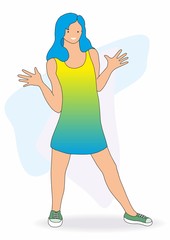 Young beautiful girl in a dress happily opened her arms. vector illustration with cute character