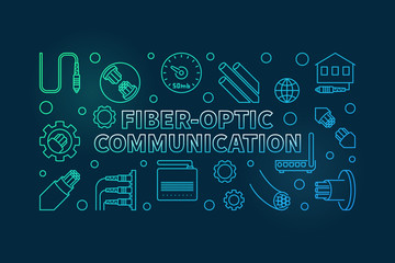 Vector Fiber-optic Communication colored linear concept horizontal illustration on dark background