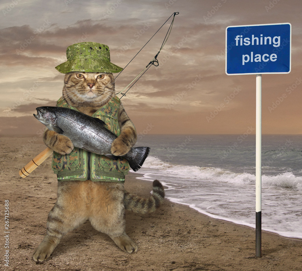 Canvas Prints The cat fisherman in uniform with a fishing rod holds big salmon near the sign on the shore.