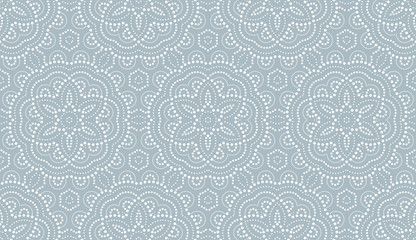 Flower geometric pattern. with points Seamless vector background. White and blue ornament. Ornament for fabric, wallpaper, packaging, Decorative print