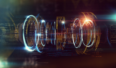 fondo abstracto de tecnología  e ingeniería de . Diseño futurista y moderno del prototipo, código y números para el concepto de computación y comunicación cuántica. © C.Castilla