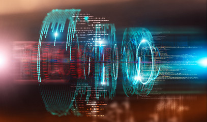 fondo abstracto de tecnología  e ingeniería de . Diseño futurista y moderno del prototipo, código y números para el concepto de computación y comunicación cuántica. © C.Castilla