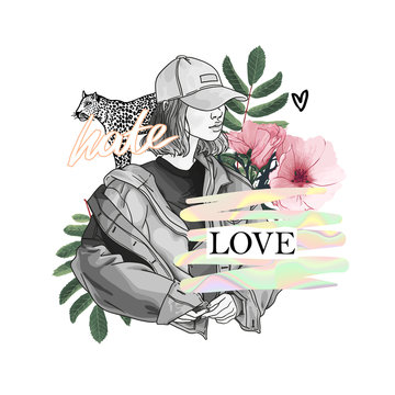 Hate love slogan with girl and rose with leopard illustration