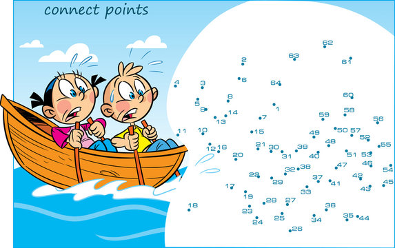 In vector illustration puzzle with cartoon children who are floating in a boat. The task is to connect the dots in order to find out who they have seen at sea.