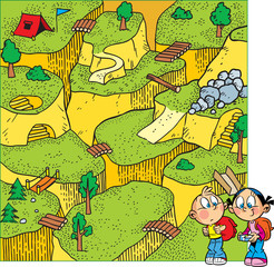 In vector illustration puzzle with children who are hiking. The task is to go through a maze and help children find 