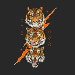 Lion heads. Typography graphic print, fashion drawing for t-shirts