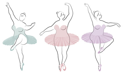Collection. Silhouette of a cute lady, she is dancing ballet. Woman is overweight. The girl is plump and slim. Woman is ballerina, gymnast. Vector illustration set