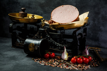 large chunk of delicious boiled sausage on craft paper