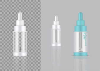 Transparent Bottle. 3D Mock up Realistic Dropper Cosmetic or Oil Serum for Skincare Product Packaging With Blue and Cap on  Background Illustration