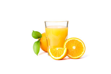 Glass of fresh orange juice with oranges and leaves isolated on white background. Fresh natural drink