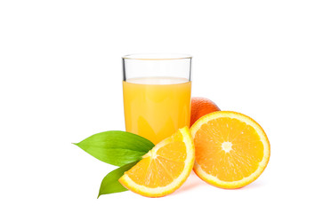 Glass of fresh orange juice with oranges and leaves isolated on white background. Fresh natural drink