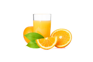 Glass of fresh orange juice with oranges and leaves isolated on white background. Fresh natural drink