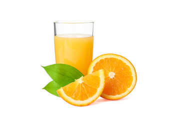 Glass of fresh orange juice with oranges and leaves isolated on white background. Fresh natural drink