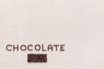 Chocolate word written with coffee beans, aligned in the bottom left.
