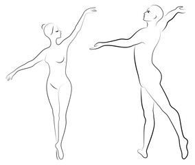 Obraz na płótnie Canvas Silhouette of a cute lady and youth, they dance ballet. The woman and the man have beautiful slender figures. Girl ballerina and boyfriend dancer. Ballet dancer. Vector illustration
