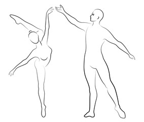 Silhouette of a cute lady and youth, they dance ballet. The woman and the man have beautiful slender figures. Girl ballerina and boyfriend dancer. Ballet dancer. Vector illustration