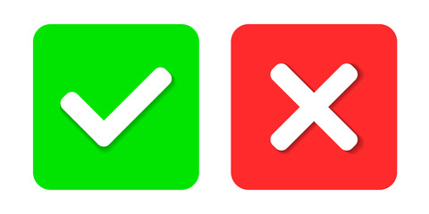 Yes or No icons. Green check mark and red cross icon. Check Mark Icons.