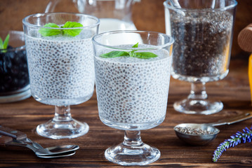 Chia seeds yogurt pudding with honey for breakfast 