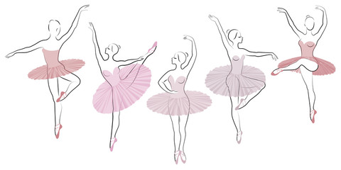 Collection. Silhouette of a cute lady, she is dancing ballet. The girl has a beautiful figure. Woman ballerina. Vector illustration set © Nataliia