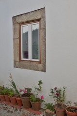 Fototapeta na wymiar Window and flower pots on white wall in Marvao, Portugal