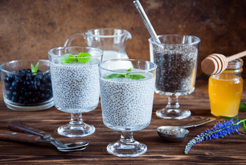 Chia seeds yogurt pudding with honey for breakfast 