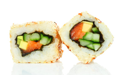 Sushi roll pieces with salmon, rice, avocado, cucumber and nori
