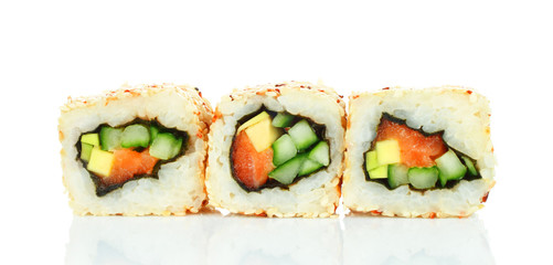Sushi roll pieces with salmon, rice, avocado, cucumber and nori