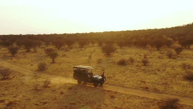 Aerial of a safari jeep traveling on the plains of Africa, at Erindi Game Preserve, Namibia with native San tribal spotter guide sitting on front spotting wildlife.