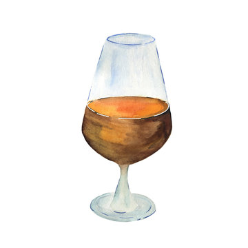 Watercolor illustration of a glass goblet with a cocktail. Can be used as backgrounds, signs and advertisements for bars, shops, cafes, restaurants