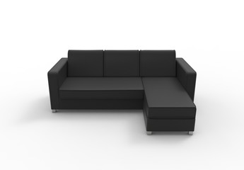3D illustration rendering of the front view of a three person black sofa with extended footrest  in a white isolated studio background.
