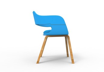 3D illustration rendering of a light blue round leather design chair with wooden legs in a white isolated studio background