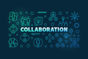 Collaboration vector colorful horizontal outline illustration or banner on dark background