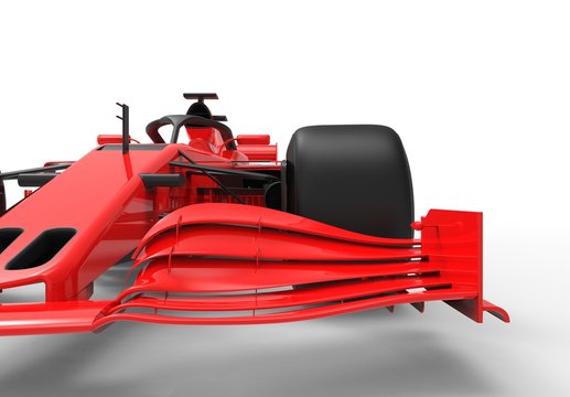 Detailed close up 3D rendering illustration of the front wing of a modern red sports race car isolated in white studio background without stickers