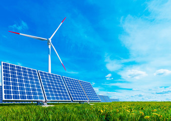 3d illustration. Solar panels and wind turbine on the background of pure blue sky and green grass. Renewable energy Technology saves our planet from pollution and death