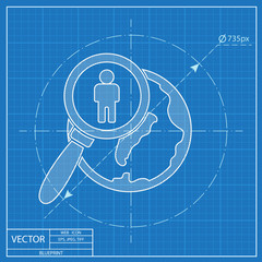 Global search person vector blueprint icon. Earth illustration.