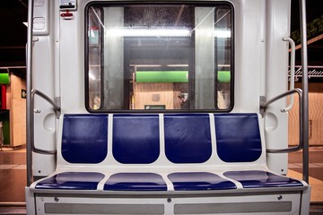 Underground subway train interior.