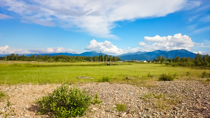 Fototapeta premium Green field near Lake Baikal. Landscape with mountains. Summer. Russia.