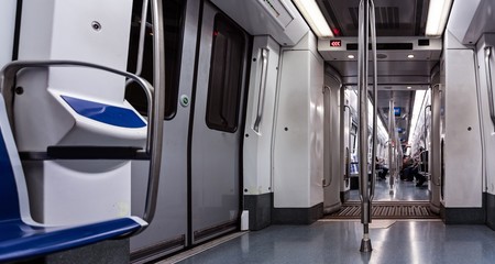 Underground subway train interior.