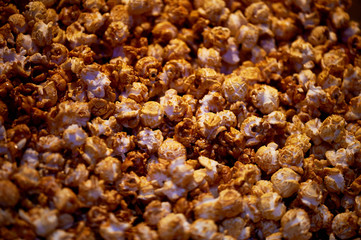 Texture of caramel sweet popcorn. Closely