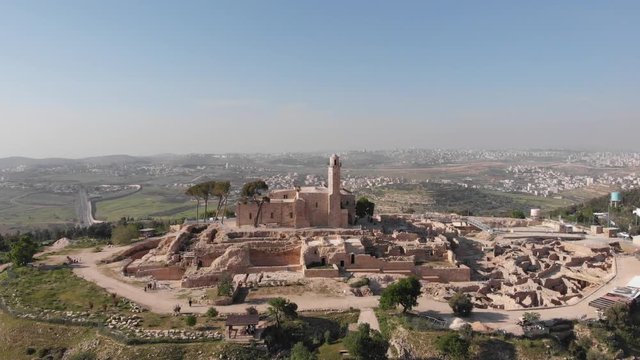 Prophet Nebi samuel national park Aerial View Daylight drone shot of nebi samuel national park near Jerusalem