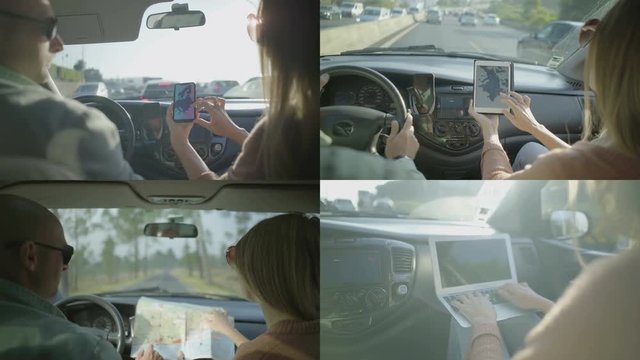 Collage of rear views of woman showing route to driver on phone, laptop, tablet and map, navigating. Travel, holiday concept
