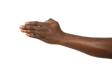 African-American man extending hand for shake on white background, closeup