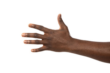 African-American man extending hand for shake on white background, closeup